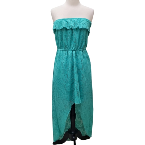 Trixxi Floral Lace Strapless High Low Hem Turquoise Green Dress Sz L - Picture 14 of 14